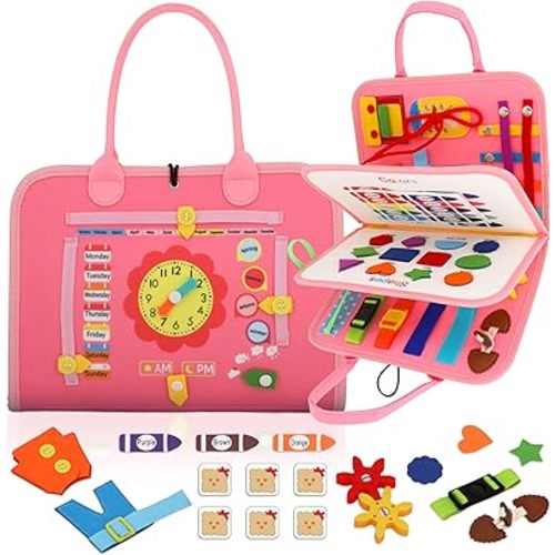 Toddler Busy Book – Interactive Sensory Book, Educational Busy Book for Toddlers 3+, Toddler Activity Book for Fine Motor Skills, Portable Baby Busy Book, Gift for Boys and Girls Aged 3+ (Pink)