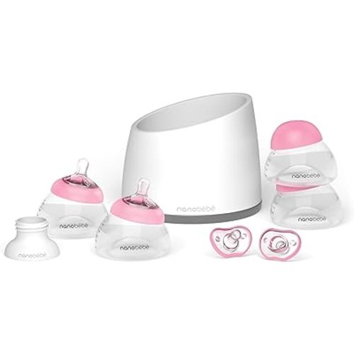 Nanobébé Breastmilk Baby Bottle Anti-Colic Starter Set with Silicone Pacifiers, Bottle Warmer, Breast Pump Adapter, and Slow Flow Nipples - 5 oz - Pink/Grey
