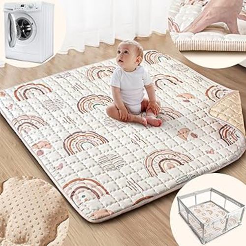 Baby Play Mat, 50x50 Playpen Mat with Super Soft Touch, Activity Mat with Upgraded Anti-Slip Bottom, Machine Washable Crawling Mat for Floor & Picnic(Boho Rainbow)