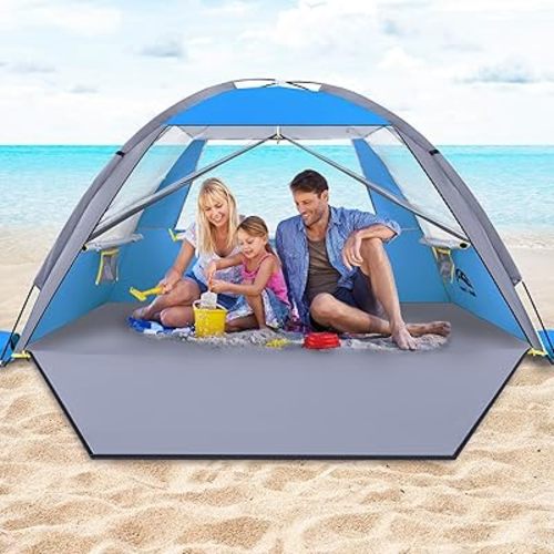Happy Travel Beach Tent, UPF 50+ UV Protection Sun Shade Shelter for 3/4/5/6/7/8 Person, Portable Beach Canopy for Family & Baby, Lightweight & Easy Setup Beach Cabana with 3 Ventilation Mesh Windows