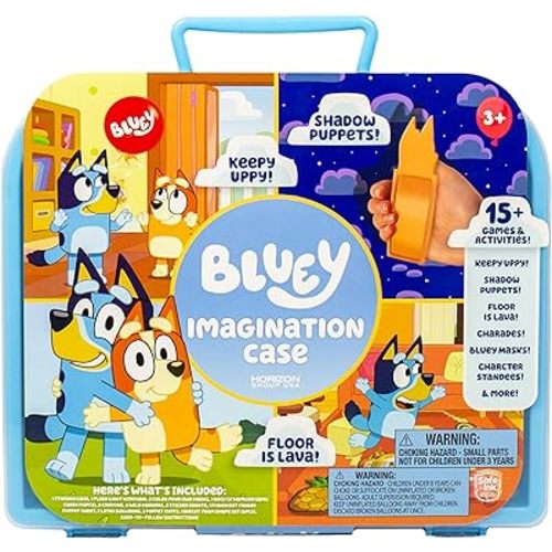 Bluey Imagination Case, 15 Games & Activities, Travel-Friendly Bluey Playset With Markers, Crayons, Balloons, Puppets & Games for 3 Year Olds, Fun Bluey Toys & Toddler Games, Bluey Party Decorations