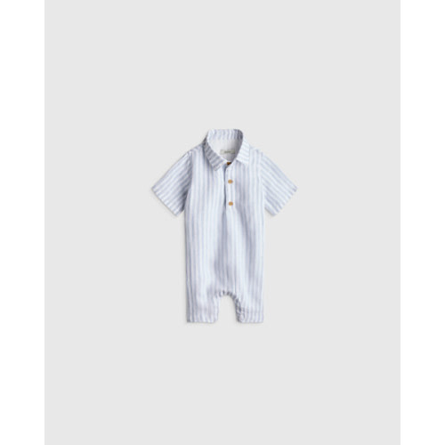 100% Linen Button Front Romper - Baby in Sky Blue Mariner Stripe