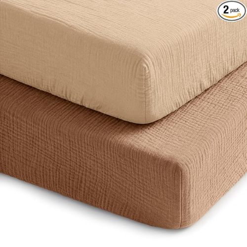 Comfy Cubs 100% Muslin Crib Fitted Sheet 2 Pack, Cedar and Cream - 100% Cotton, Soft & Breathable Crib Sheets for Toddler Mattress - Snug Fit, Secure Elastic with Beautiful Packaging