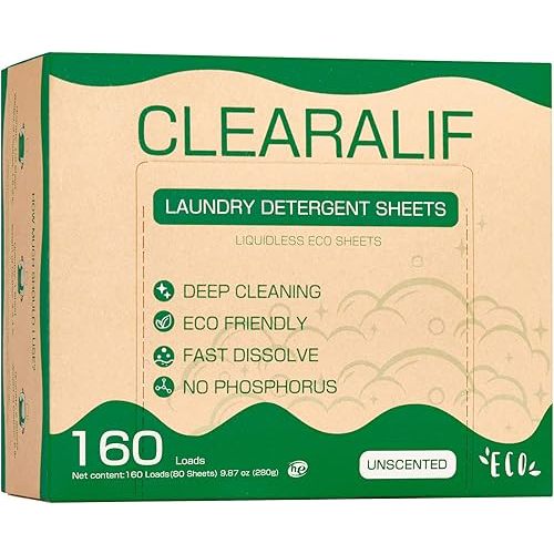 CLEARALIF Laundry Detergent Sheets up to 160 Loads (80sheets), Unscented, Laundry Detergent Strips Eco Friendly & Hypoallergenic