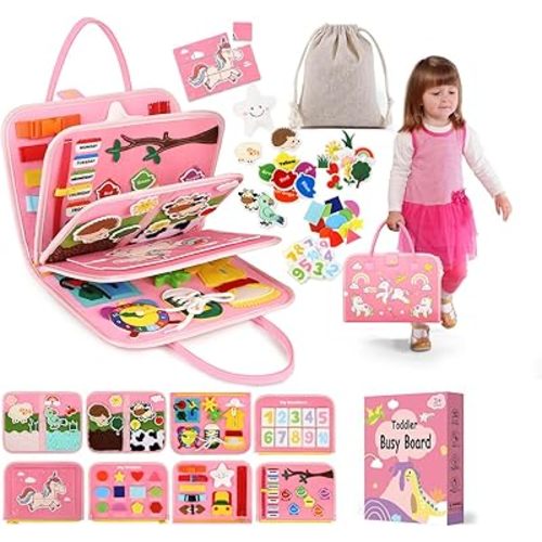 Toddler Sensory Busy Board: Travel Toy Activity Book for Girls Boys, Motor Skill Development Gift for Baby Aged 3-4 Years, Fine Educational Preschool Montessori Learning Toy for Car Airplane Unicorn