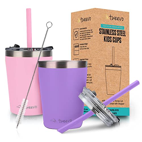 tweevo Sippy Cups For Toddlers 1-3 - Toddler Tumbler w/Screw Lids - Stainless Steel Kids Cups With Straws and Lids - 2 Pack (Pink & Purple, 8.5oz)