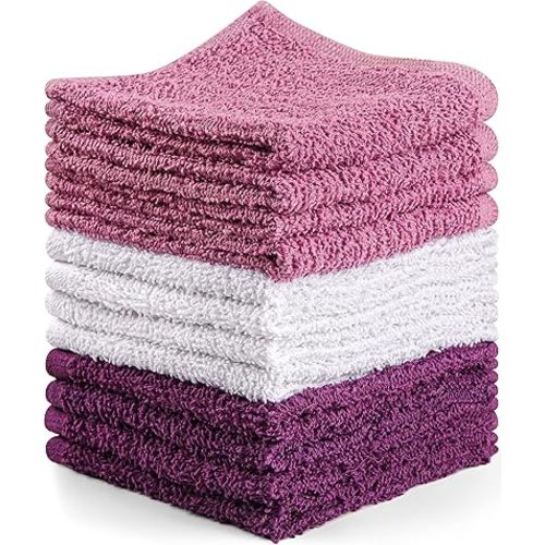 Towel and Linen Mart 100% Cotton - Wash Cloth Set - Flannel Face Cloths, Highly Absorbent and Soft Feel Fingertip Towels (Plum, White & Lilac, Pack of 12)