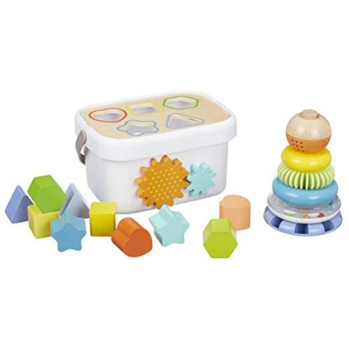 Amazon Basics Wooden Shape Sorter and Rainbow Stacker Classic Toy Set