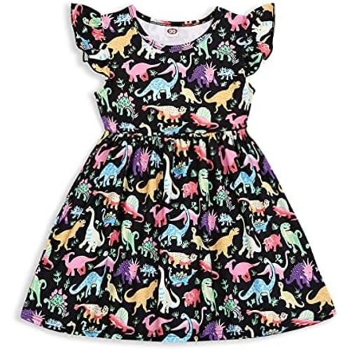 Happy Town Kids Baby Girls Dinosaur Dress Clothes Fly Ruffle Sleeve Dinosaur Tutu Skirt Sundress Summer Casual Dress