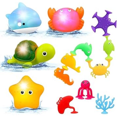 Baby Bath Toys Light Up - No Hole Bath Toys - Sensory Toys for Toddlers - Baby Suction Pool Beach Bathtub Water Toys - Gifts for Boys Girls Kids 6 12 18 Months Age 1 2 3 Year Old Birthday