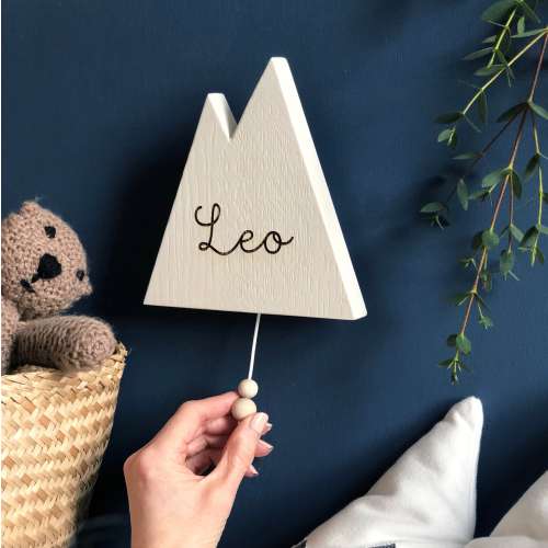 Wooden Musical Mountain Name Wall Hanging | Pull String Music Box | New Baby or Christening Gift | Engraved Solid Oak | Worldwide Shipping