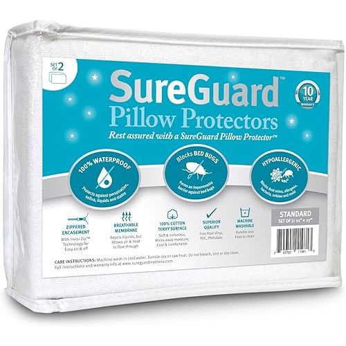 Set of 2 Standard Size SureGuard Pillow Protectors - 100% Waterproof, Bed Bug Proof, Hypoallergenic - Premium Zippered Cotton Terry Covers