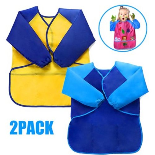 2PCS Kids Art Smocks Painting Apron for Children with Long Sleeves and 3 Large Pockets for Age 3-8 Years