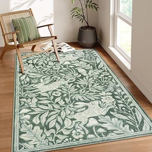 Lahome Rabbit Washable Rugs for Living Room, Soft 5x7 Rug for Dining Room, Vintage Forest Woodcut Print Green Carpet for Bedroom, Non Shedding Non Slip Carpets with Rubber Backing
