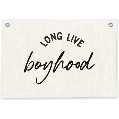 RTXLEZM Long Live Boyhood Banner Boys Room Decor Linen Wall Hanging, Trendy Retro Toddler Boy Room Wall Art Prints, Nursery Kids Bedroom Decor,Large Canvas Banner Flag with Two Metal Grommets 36x24