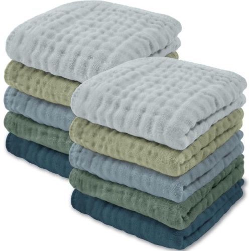 Baby Washcloths Muslin Cotton, Large 10”x10” By Comfy Cubs (multicolor Boy, Pack Of 10)