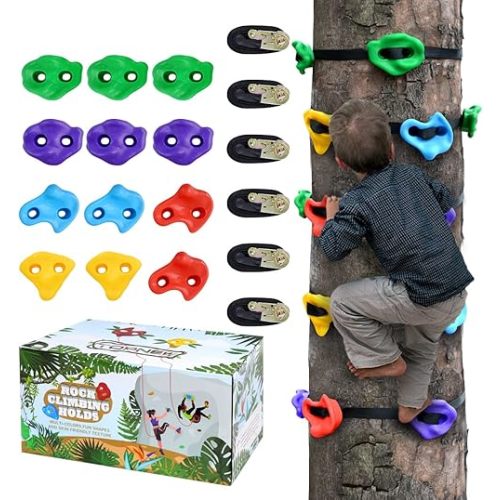 TOPNEW 12 Ninja Tree Climbing Holds for Kids Climber, Adult Climbing Rocks with 6 Ratchet Straps for Outdoor Ninja Warrior Obstacle Course Training