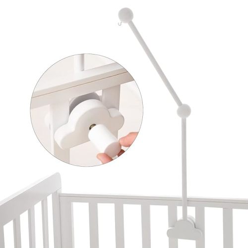 OESSUF Baby Crib Mobile Arm, 24 Inch Wood Hanger, White Cloud Design, Nursery Mobile Holder for Cot Bed (White)
