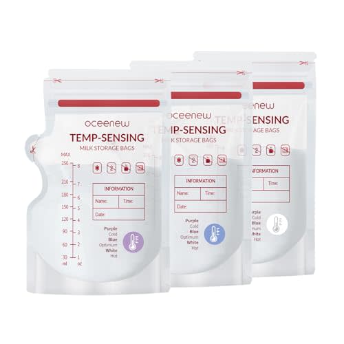 Oceenew Breastmilk Storing Bags,Disposable Self Standing No-Leak Milk Storage Pouches,Temp-Sensing Discoloration Freezer Milk Storing Bags for Breastfeeding(8 Ounce 120pcs,BPA Free)