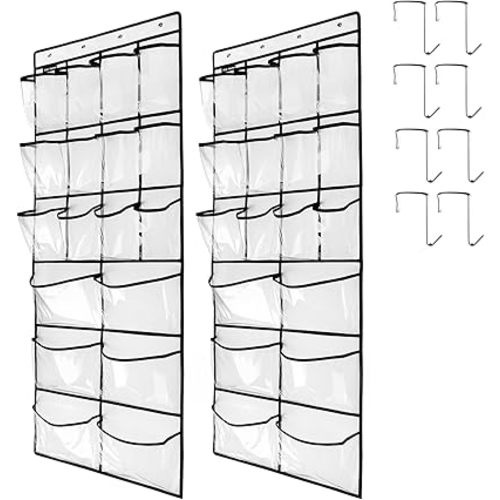 2 Pack Extra Large Hanging Crystal Clear Over Door Shoe Organizers,closet shoe organizer shoe rack organizer shoe storage,12+6Pockets,8Hooks,white (59"x 21.6")