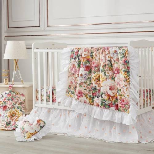 Crib Bedding Set-Embroidered Flowers