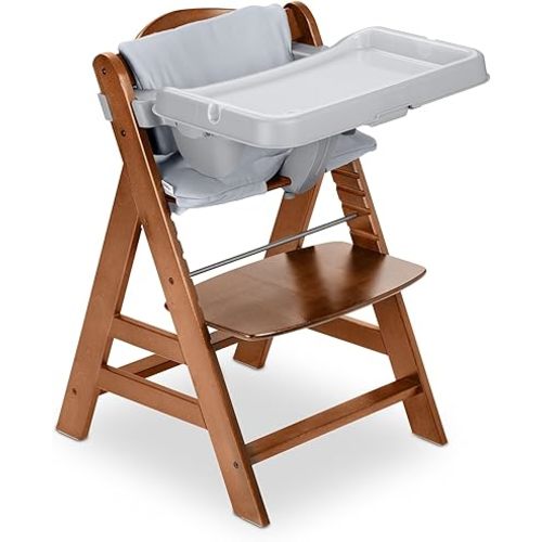 hauck Alpha+ Grow Along Wooden High Chair Seat with Grey Removable Tray Table for Babies 6 Months and Up, Walnut Chair Grey Tray