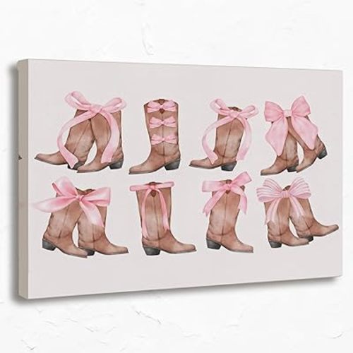 OXW Coquette Preppy Pink Bow Wall Art 11x14, Coquette Bow Room Decor Aesthetic, Trendy Pink Cowgirl Boots Room Poster Prints Wall Decor for Girls Bedroom College Apartment
