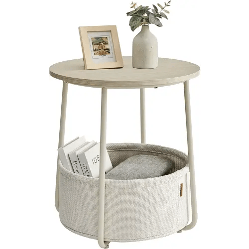 VASAGLE Small Round Side End Table, Modern Nightstand with Fabric Basket, Bedside Table for Living Room Bedroom, Cream White ULET223K67