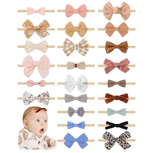 jollybows 24 PCS Baby Headbands and Bows Hairbands Soft Nylon Elastics Handmade Girls Hair Accessories for Newborn Babies Infant Toddlers Kids