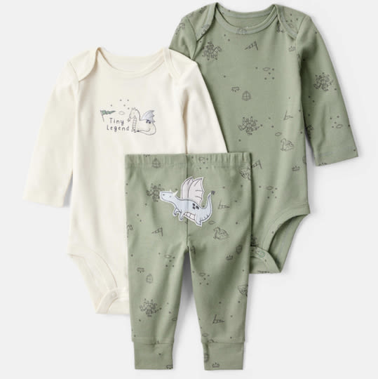 Baby Boy Dragon Print Cotton Long-Sleeve Bodysuit & Pant Set - Green/White | Carter's