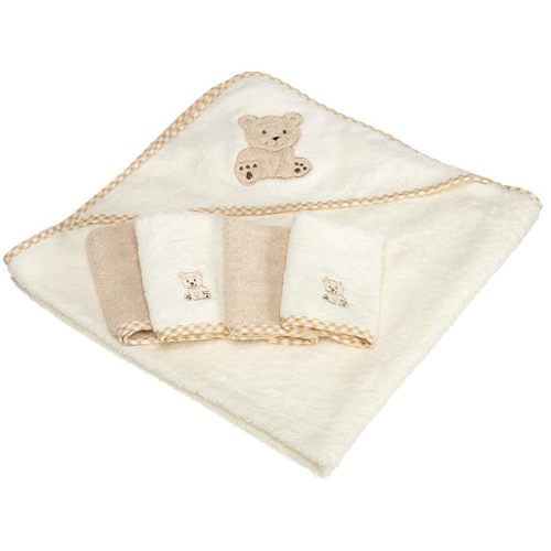 Spasilk 5-Piece Soft Terry Hooded Bath Towel and Washcloth Set, 1 Baby Towel and 4 Baby Washcloths for Newborn Boys and Girls, Brown Bear