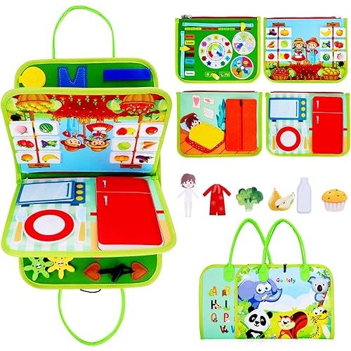 Guolely Busy Board - Montessori Toys for 1 2 3 4 Year Old with Life Skill, Role-Play,Alphabet, Number, Shape, Animal, Weather, Toddlers Travel Toy Gift Ideal for Boy Girl-Green