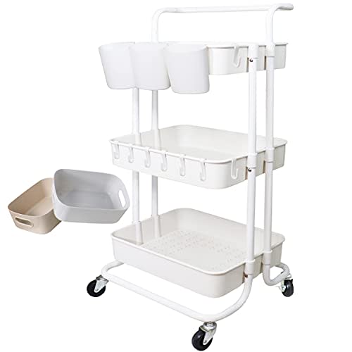 Freletry 3 Tier Utility Rolling Cart Storage Organizer Shelf Rack with 3PCS Hanging Cups 8PCS Hook 2PCS Storage Box for Home Office Kitchen Bathroom (White 3 Cup+8 Hook+2 Storage Box)