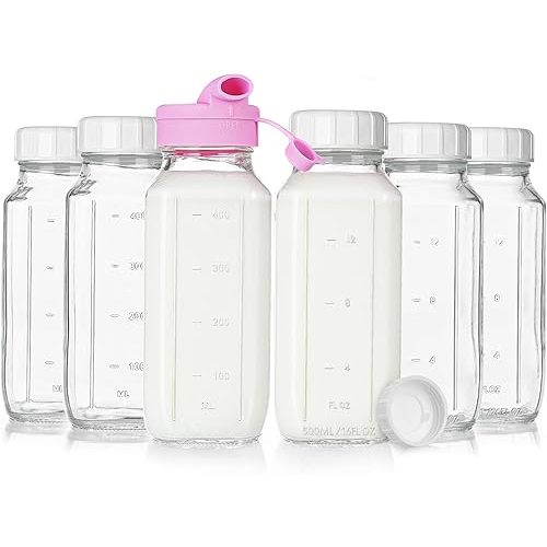 16 Oz Square Glass Milk Bottles with A Silicone Cover, 6 Pack Glass Bottles for Juicing with Airtight Lids, Glass Drinking Bottles with Lids and Scale Mark, Breast Milk Storage Jug Easy to Carry