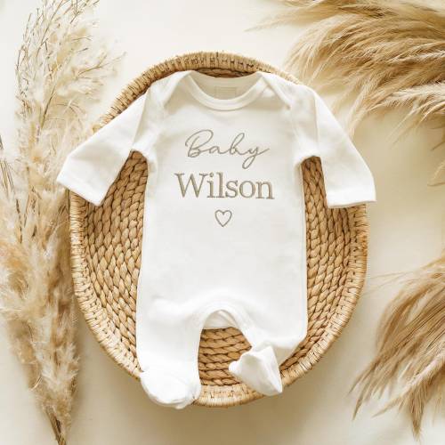 Embroidered Personalised Name Baby Sleepsuit, New Baby, Newborn Baby Gift, Personalised Surname Baby Vest Baby Announcement Baby Shower 001