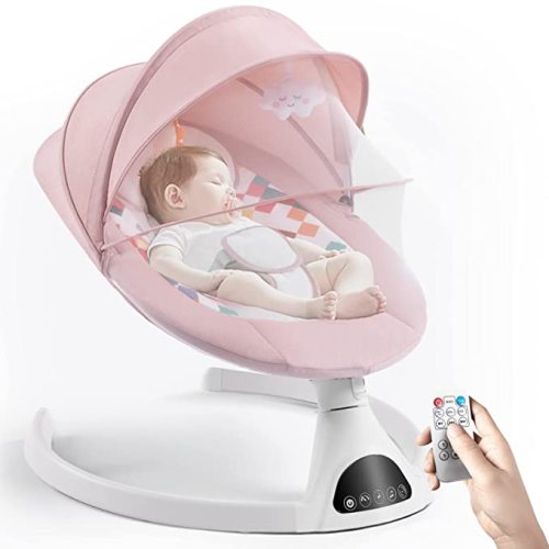 Jaoul Electric Baby Swing with Bluetooth, Remote Control, Music, 5 Swing Speeds, Harness - For Infants - Pink
