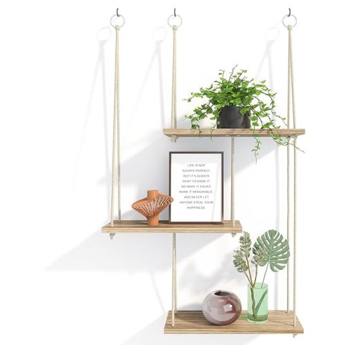 Fixwal Hanging Shelves for Wall, 3 Tier Boho Wall Decor Plant Rack Floating Shelves Rope Rustic Wood Organizer Storage Hanger for Aesthetic Home Bedroom Kitchen Bathroom- Rustic Brown