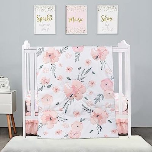 PINNKKU 3-Piece Crib Bedding Set for Girls, Portable , Blush Pink Flower Crib Skirt, Blanket, Crib Sheet, Fits Mini Crib Only