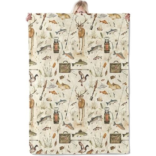 Outdoor Adventure Art Blanket 50×60 Inch,Fishing, Hunting Nature Lightweight Flannel Throw with Rustic Deer, Fish and Gear,Sportsmen Home Living Room Decor,Gifts for Adults,Nature Fans