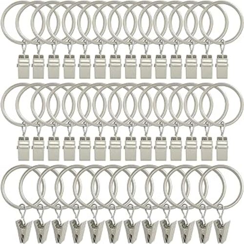 40 Pack Curtain Rings with Clips, Curtain Clip Rings Hooks, Bow Hanger Clips for Hanging Drapery Drapes Bows, Ring 1.26 inch Interior Diameter, Fits up to 1" Rod, Matte Silver