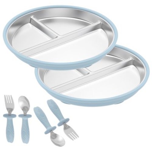 Grusce 2 Sets Stainless Steel Baby Suction Plates, Toddler Utensils Baby Feeding Setwith Removable Silicone Sleeve, Divided Toddler Plates with 2PCS Pack Spoons and Forks Set