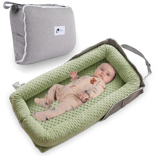 Joyful Journeys Baby Lounger - 2 in 1 Infant Lounger Baby Nest/Diaper Organizer - 100% Cotton Lounger Pillow - Portable Baby Lounger Travel Bed - Newborn Essential - 0-18 Months (Green Minky)