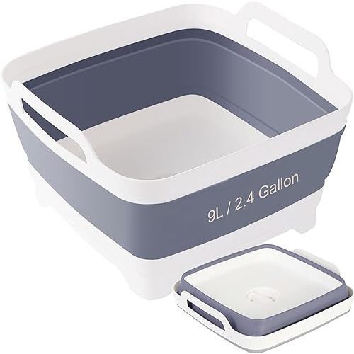 Collapsible Dish Basin 2.4Gal with Drain Plug - Portable Sink for Camping, RV, Baby Bottles | Space Saving Foldable Design | BPA-Free TPR/PP Material (Grey)