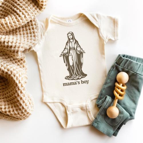 Mama's Boy Children's Catholic Tee, Catholic Baby Bodysuit, Virgin Mary Catholic Baby Gift for Marian Devotion, Catholic Gifts