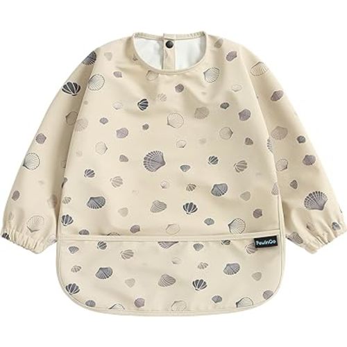PewinGo Weaning Bib with Long Sleeves & BLW, Soft and Skin-Friendly Material, Coverall Bibs for Baby Feeding, Waterproof and Easy to Clean & Machine Washable,for Baby Infant Toddlers (Beige)