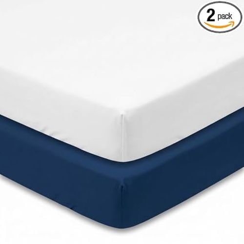 Everyday Kids 2-Pack Fitted Crib Sheets, 100% Soft Breathable Microfiber Baby Sheet, Fits Standard Size Crib Mattress 28in x 52in, White Nursery Sheet and Navy Nursery Sheet