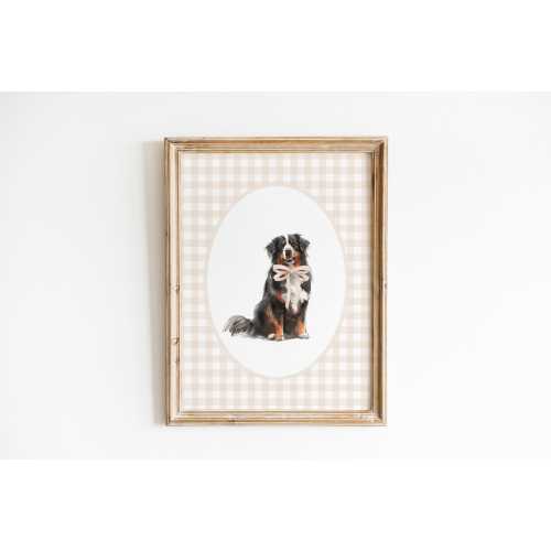 Bernese Mountain Dog Nursery Decor, Watercolor Dog Boy Nursery Print, Baby Girl Nursery, Neutral Gingham Wall Prints, Tan Beige Bow Dog Art