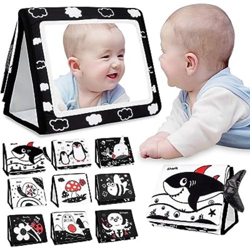 Tummy Time Mirror Toy, High Contrast Black and White Baby Newborn Toys for Tummy Time Foldable Baby Mirror Sensory Development Toys Baby Toy for Infants Boys Girls 0 3 6 12 Months