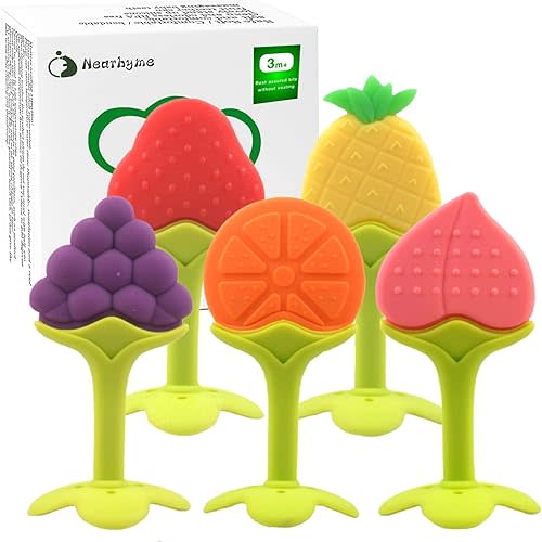 Baby Teething Toys, Soft Silicone Fruit Teether Set with Pacifier Clip/Holder for Toddlers & Infants, 5 Pack
