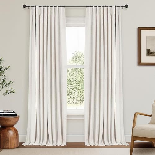 INOVADAY 100% Blackout Curtains for Bedroom, Black Out Curtains 92 Inch Long, Clip Rings Linen Blackout Drapes, Thermal Insulated Room Darkening for Living Room, 2 Panels - Beige,W50xL92